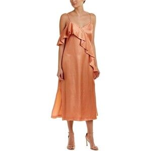 AMUR ANTHROPOLOGIE Womens Dress Size 2 Peach Satin Ruffle Midi Side Slit SELENA